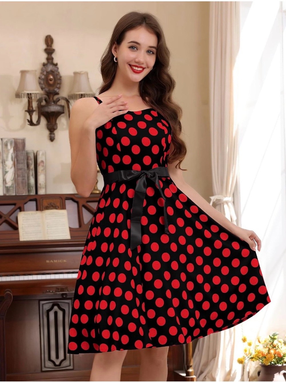 Red Polka Dot Midi Dress with Satin Waist Tie